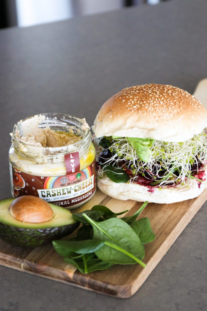 Portobello Mushroom Burger with PLV Cashew Cheese | WholeLife Pharmacy & Healthfoods