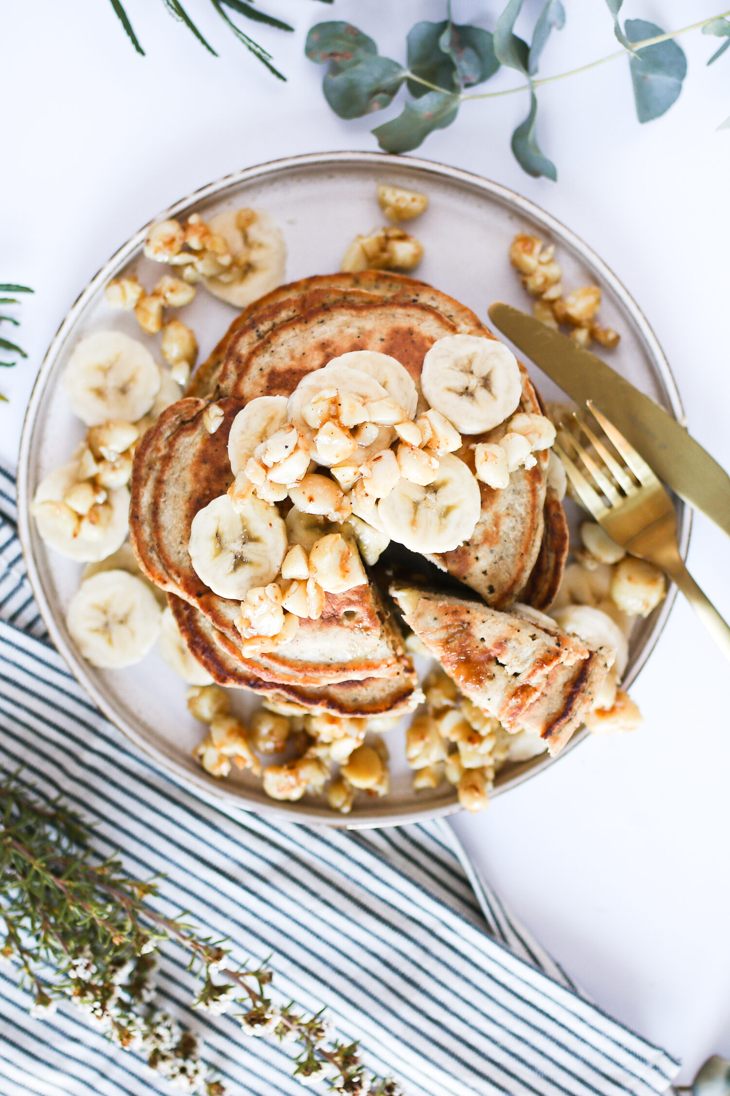 Banana and Wattleseed Pancakes with Manuka Honey & Macadamia Crumble