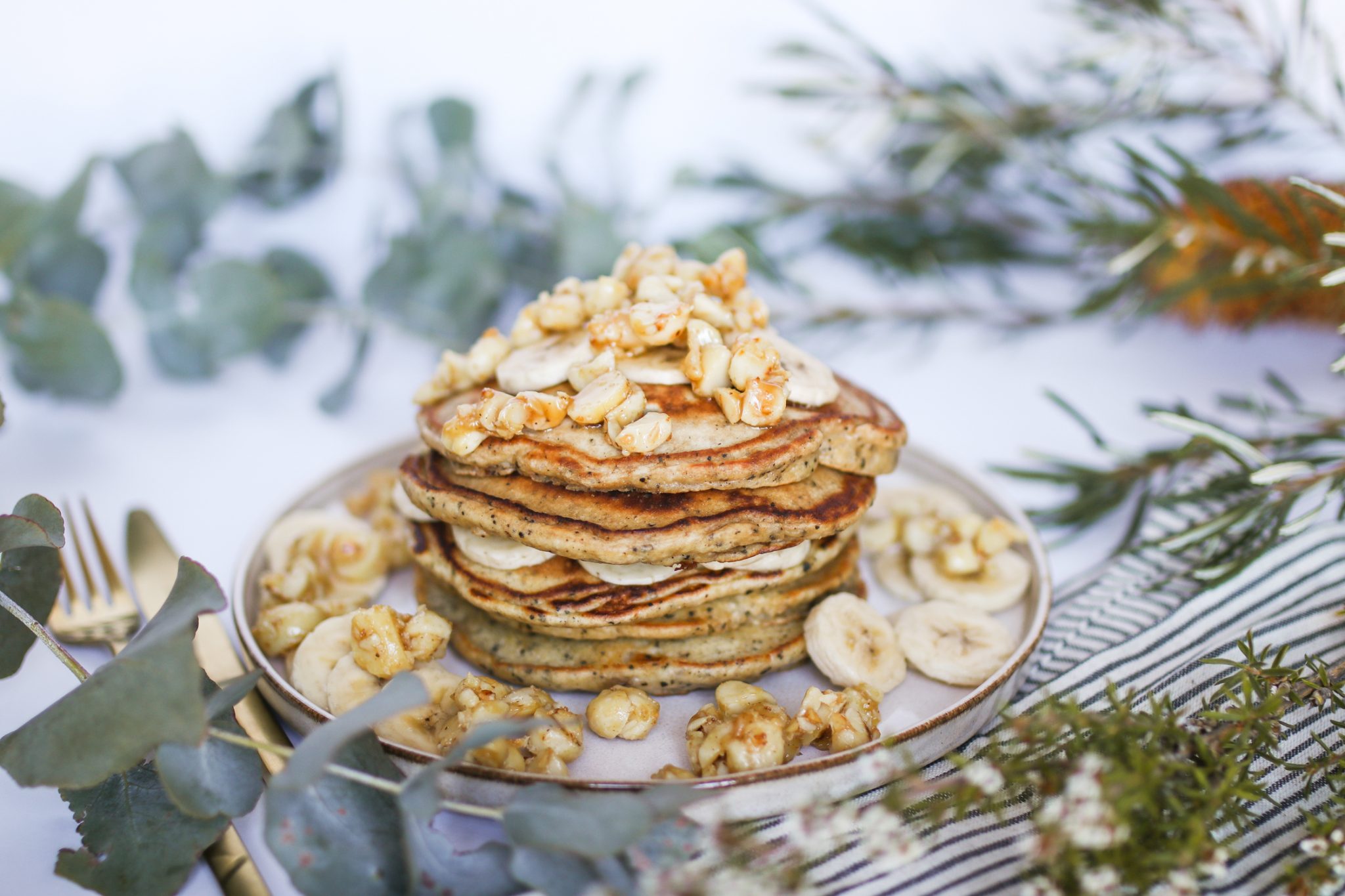 Banana and Wattleseed Pancakes with Manuka Honey & Macadamia Crumble