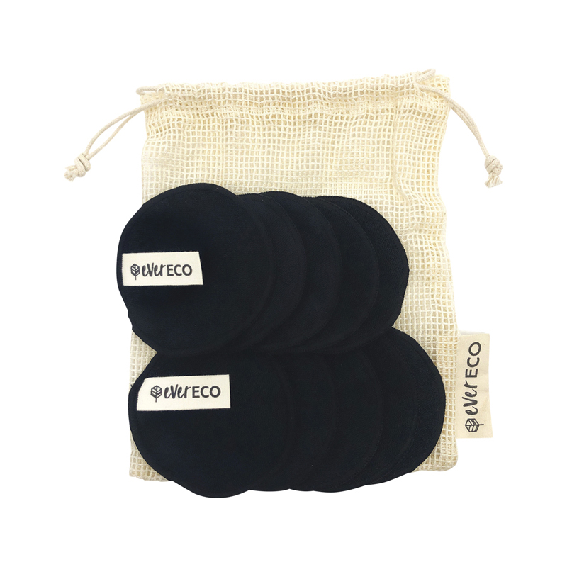 Reusable Bamboo Facial Pads Black With Cotton Wash Bag 10 Pack WholeLife