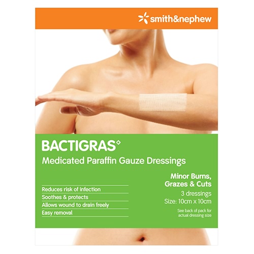 Bactigras Medicated Paraffin Gauze Dressings 10x10cm 3 Pack WholeLife