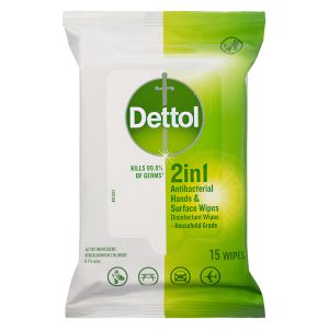 2 in 1 Hands & Surfaces Antibacterial Wipes 15 Pack