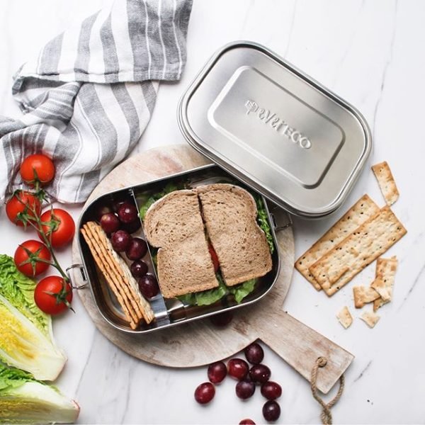 Ever eco Lunchbox with Wheat bread Sandwich, Crackers, Fruits, and Leafy Vegetables